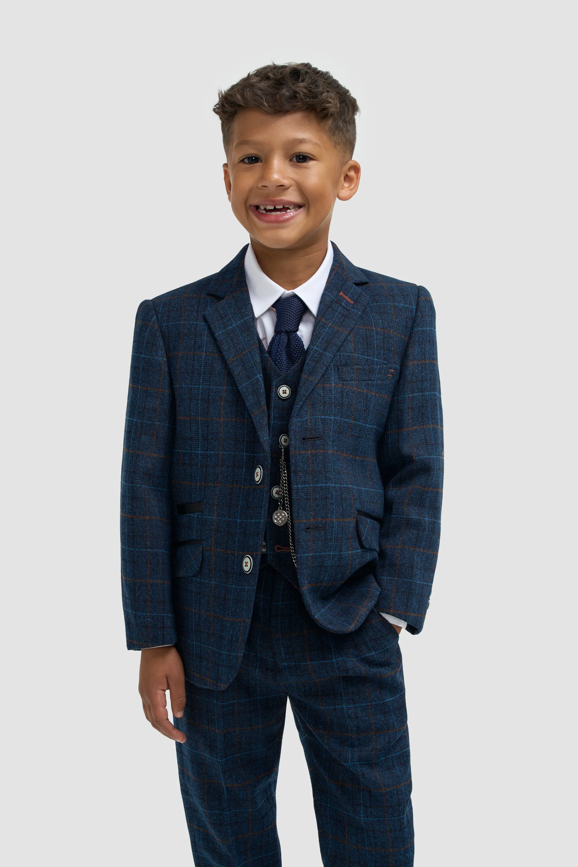 Boys Navy Blue Check Three Piece Suit - Image 2