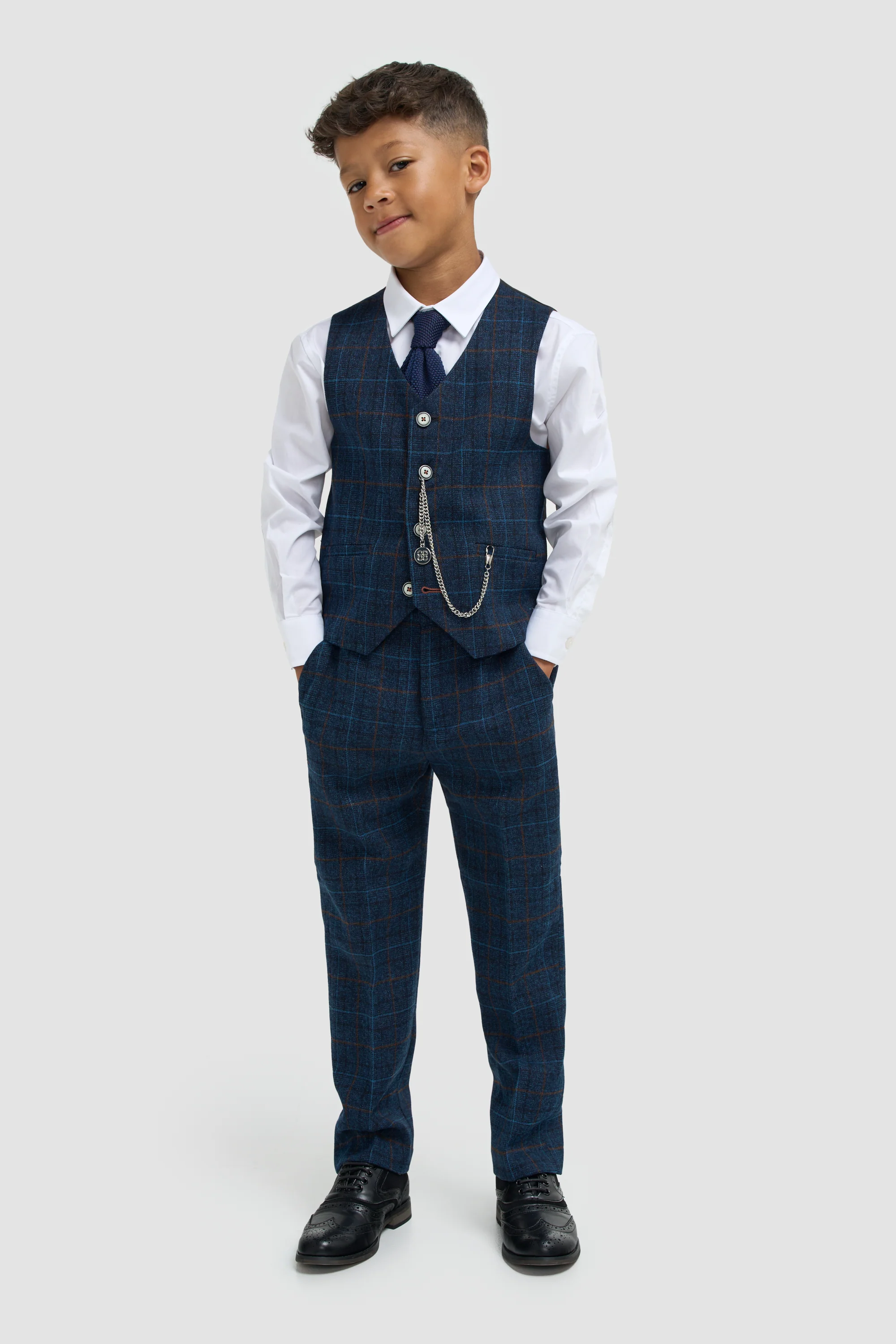 Boys Navy Blue Check Three Piece Suit - Image 4