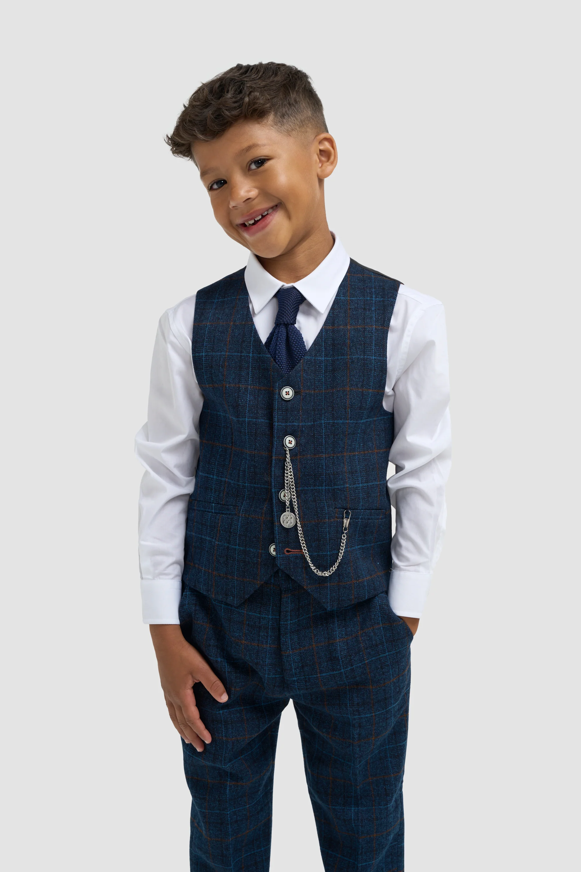 Boys Navy Blue Check Three Piece Suit - Image 5